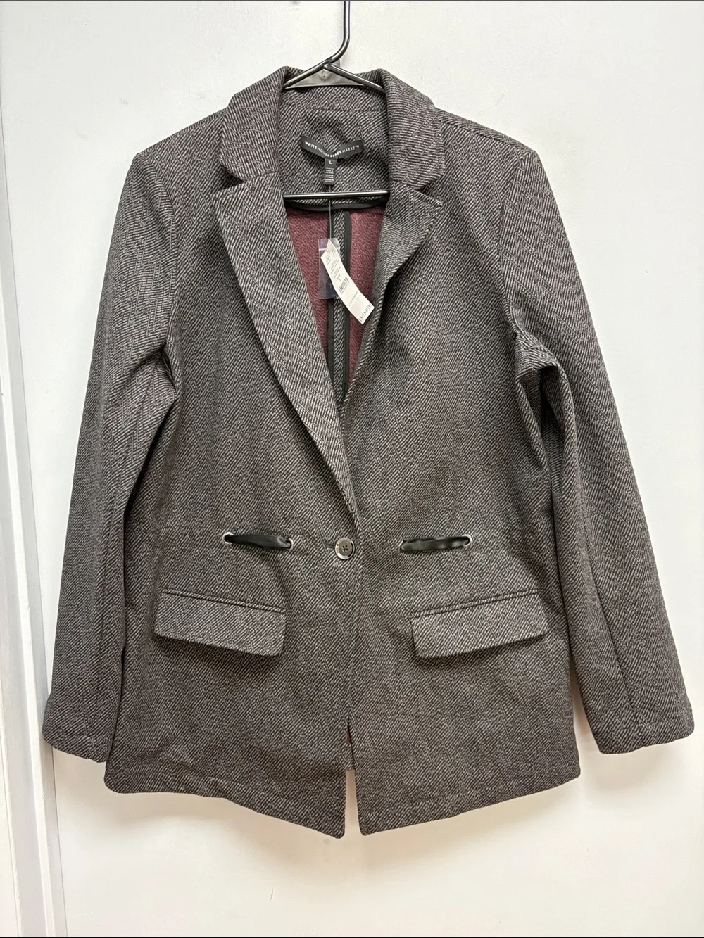 White House Black Market Herringbone Knit Blazer Gray Bloodstone Large NWT